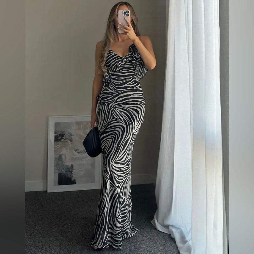 NWT ZARA RUFFLED LONG ANIMAL PRINT DRESS zebra satin maxi